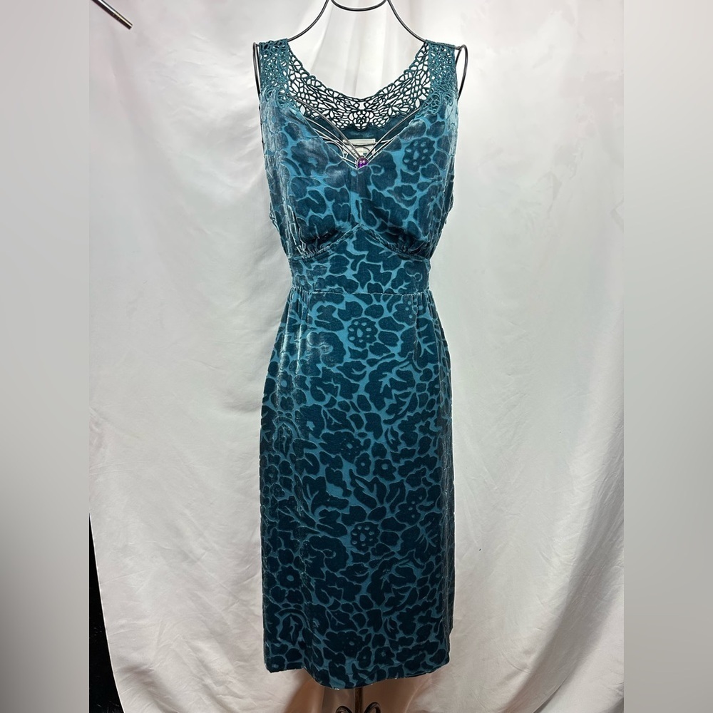 Anthropologie Moulinette Soeurs printed teal velour matilija midi dress size 12